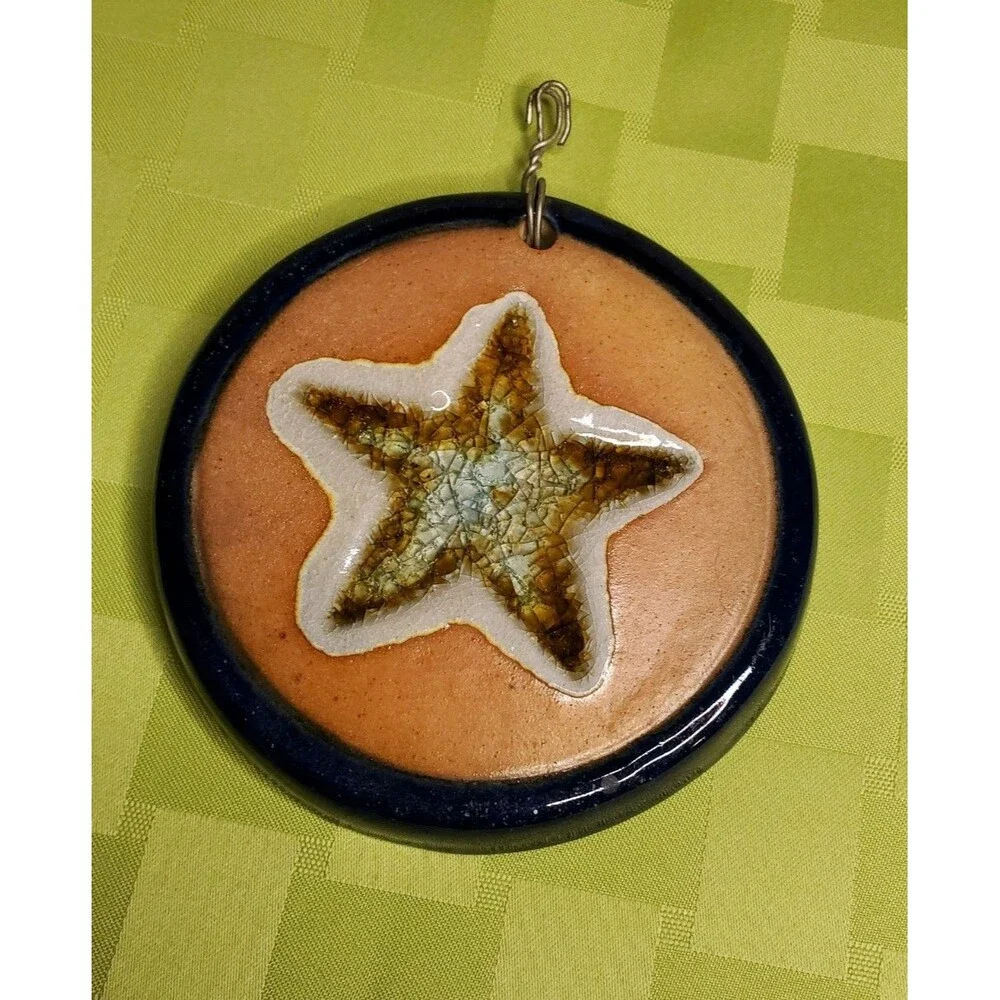Vtg Pottery Starfish Buck Studio 2000 Blue Crackle Glass Star Wall Medallion Sea